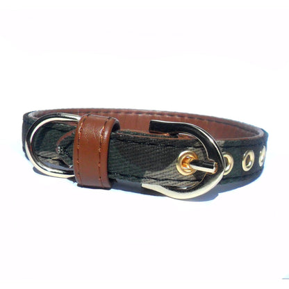 Army Fabric & Brown Vegan Leather Collar