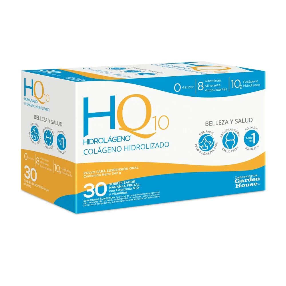 Hidrolageno Q10 Garden House Colágeno Hidrolizado 30 Sobres Sabor Naranja - Farmati Chile - Farmati