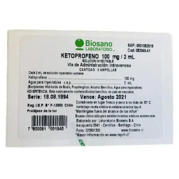 Ketoprofeno 100 Mg/2 Ml. X 5 Ampollas - Farmati Chile - Farmati